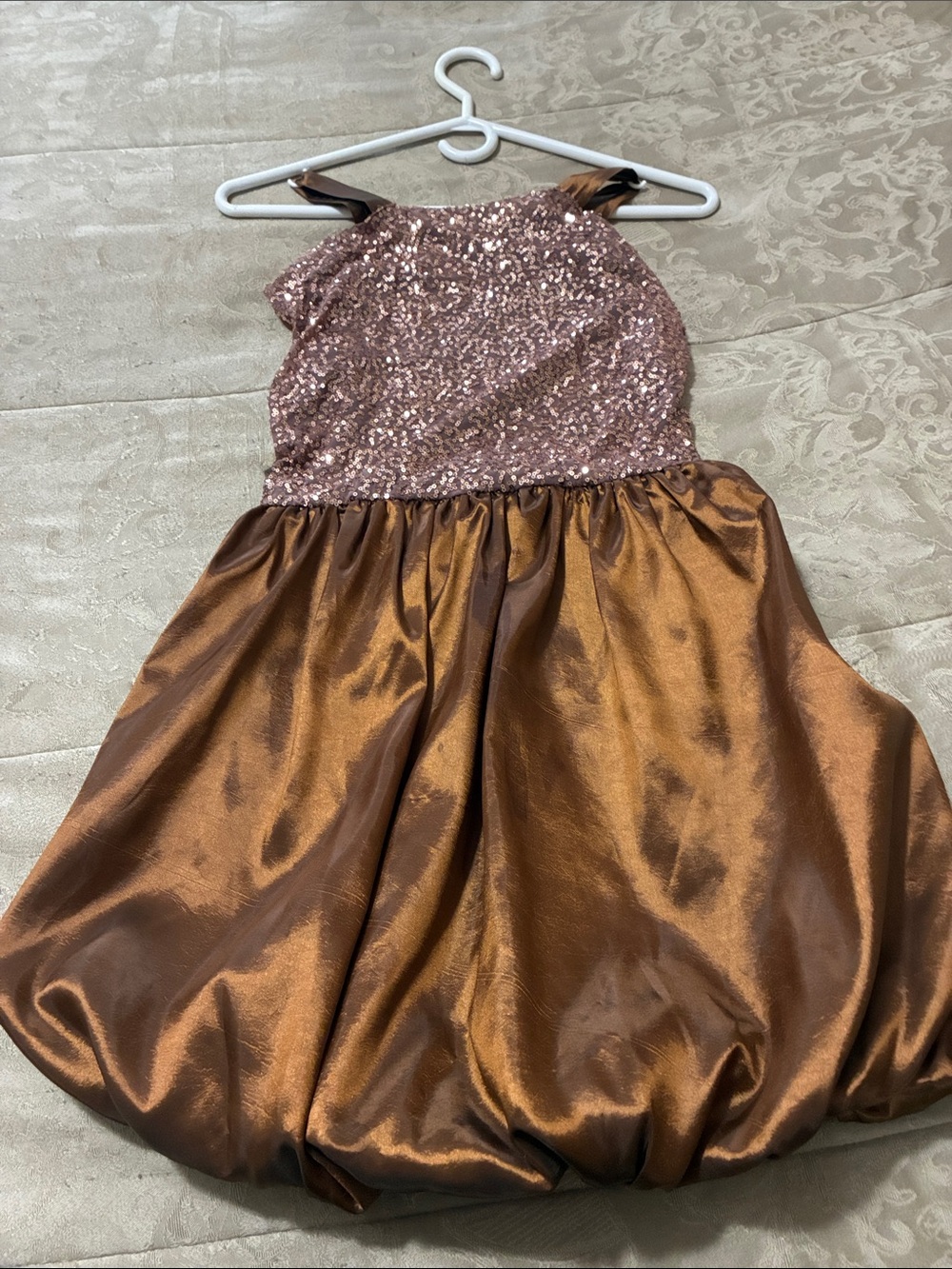 Sparkle Bodice Copper Satin Bubble Hem Kids Dress